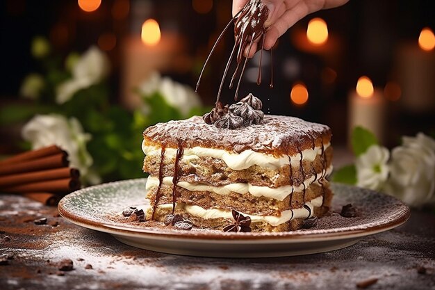 Um padeiro em pó de cacau em um bolo de tiramisu