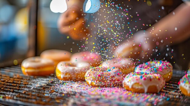 Foto um padeiro espalhando cristais de açúcar de cores arco-íris sobre um lote de donuts recém-glaçados, adicionando um toque caprichoso a esses doces