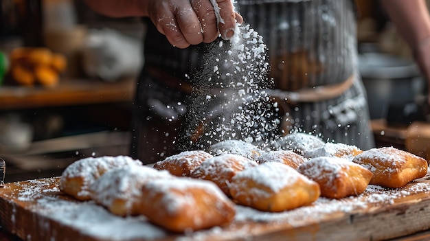 Um padeiro está espalhando açúcar em pó sobre um prato de beignets Os beignets são castanhos dourados e parecem deliciosos