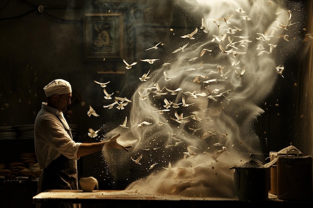 Um padeiro está fazendo pão em uma cozinha com um grande número de pássaros voando ao redor