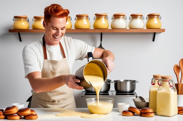 Foto um padeiro feliz de cabelos vermelhos a fazer creme de leite cinnabons