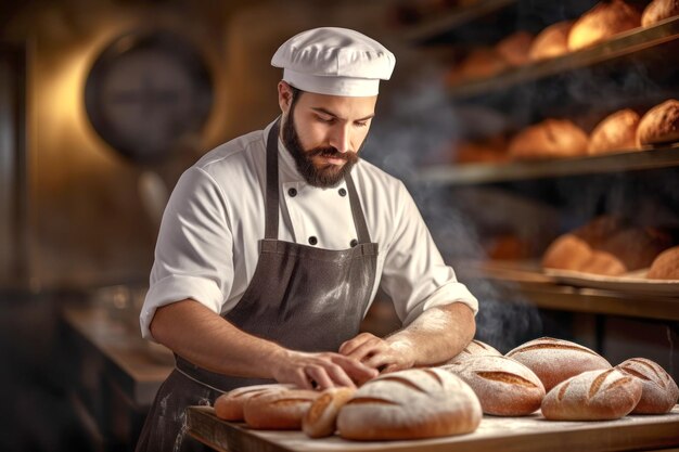 Um padeiro homem fazendo pão em uma padaria caseira