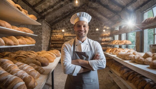 um padeiro posando orgulhosamente em sua padaria