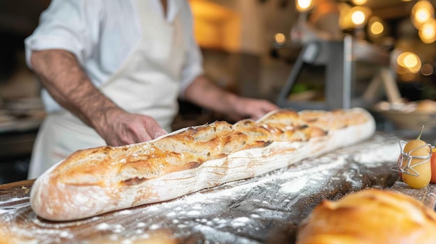 Um padeiro profissional preparando pão artesanal recém-cozido em uma padaria, as mãos espalhando farinha sobre ele