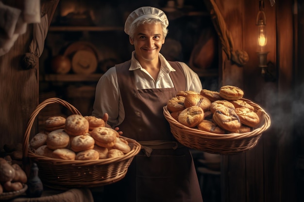 Um padeiro segurando cestas de pão e uma cesta de pão