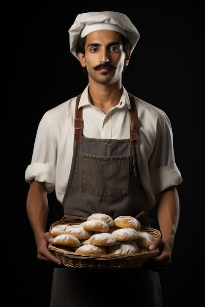 Foto um padeiro segurando uma cesta de pão