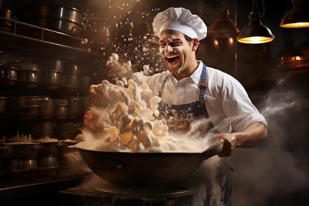 Um padeiro usando um funil de torta para ventilar vapor durante a fotografia de imagens de torta de cozimento