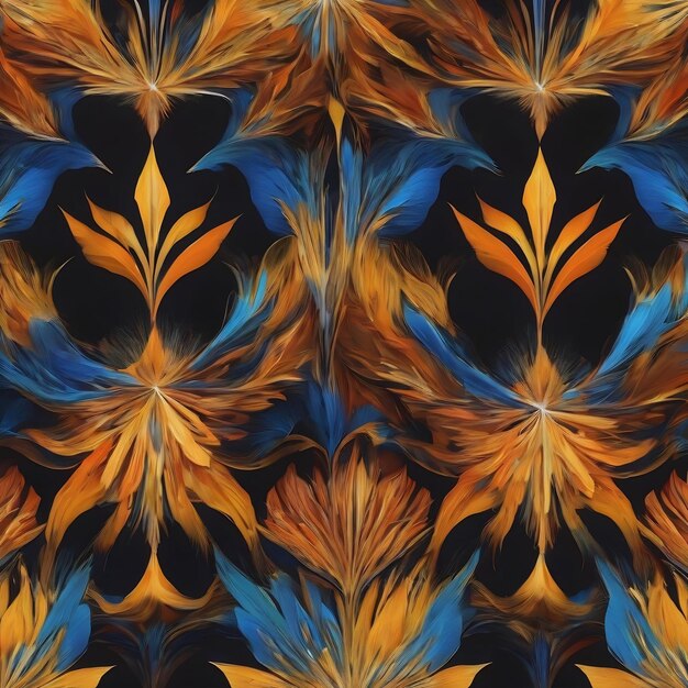 Um padrão abstrato colorido com um fundo preto e cores azul, laranja e amarelo