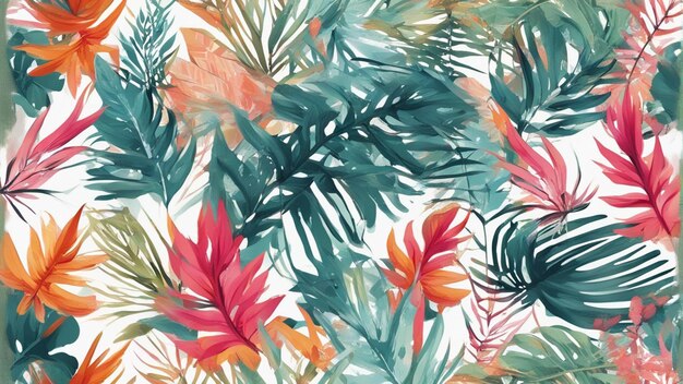 Um padrão abstrato de papel de parede com folhas tropicais