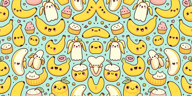 Foto um padrão bonito de bananas de desenho animado com rostos e expressões em um fundo pastel