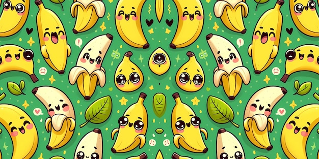 Um padrão bonito de bananas de desenho animado com rostos e expressões em um fundo pastel