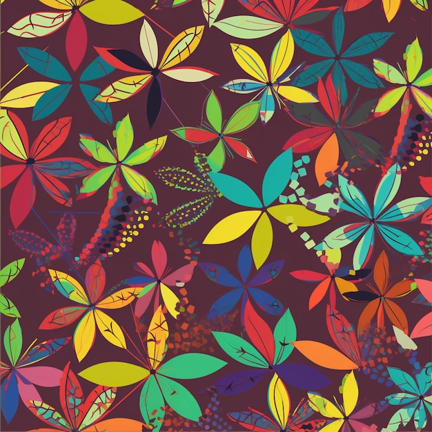 Foto um padrão colorido com folhas e flores em um fundo escuro.