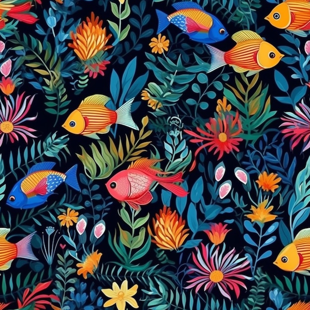 Um padrão colorido com peixes e plantas.
