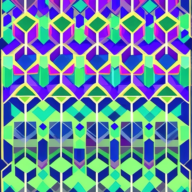 Um padrão colorido com um padrão geométrico azul e verde