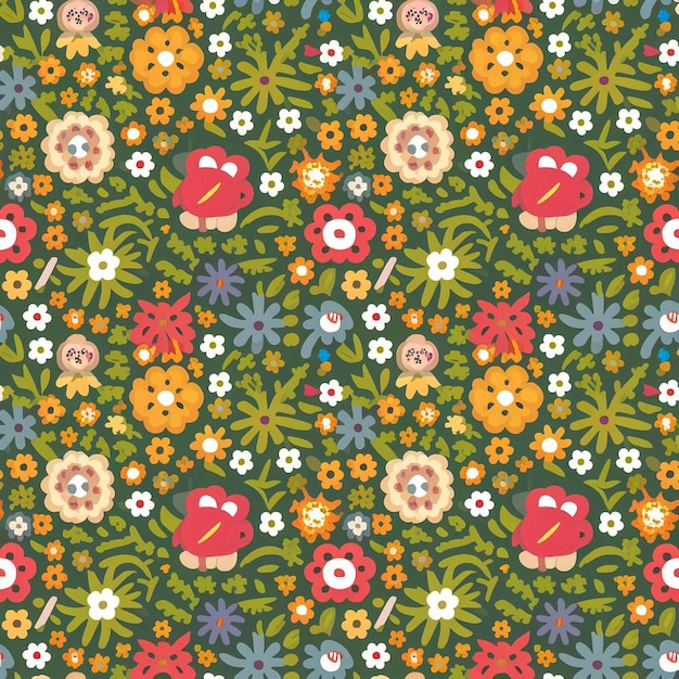 um padrão colorido com um pequeno urso bonito e flores