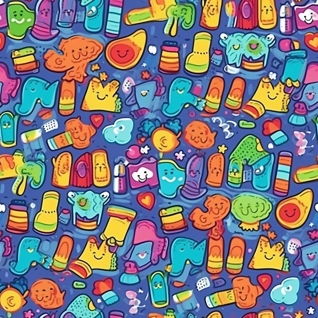 Um padrão colorido de brinquedos de cores diferentes e uma garrafa com um gato.