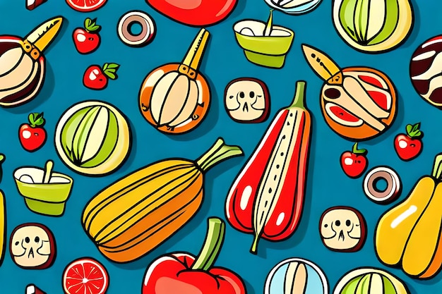 Foto um padrão colorido de frutas e legumes.