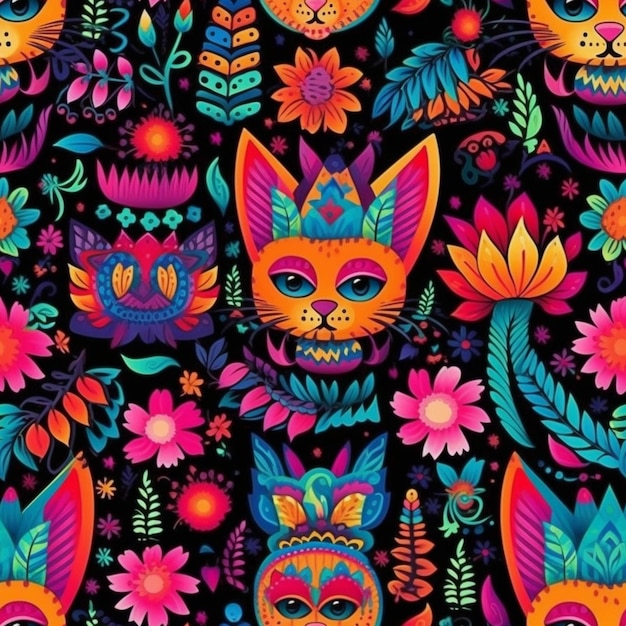 Um padrão colorido de gatos e flores em um fundo preto generativo ai