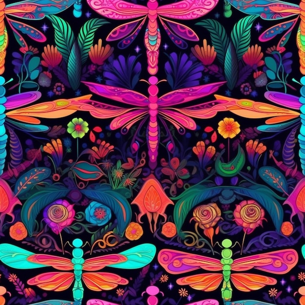 Um padrão colorido de libélula com flores e folhas generativas ai