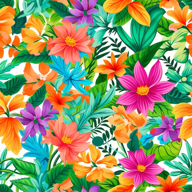 Um padrão colorido sem costura com uma variedade de flores e folhas brilhantes de verão