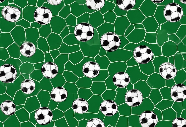 Um padrão com bolas de futebol e gols em um fundo verde