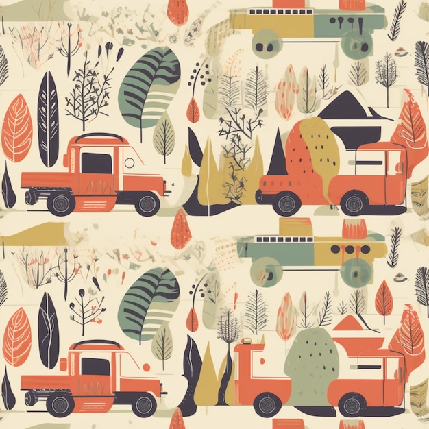 Um padrão com caminhões e árvores com folhas ao fundo.