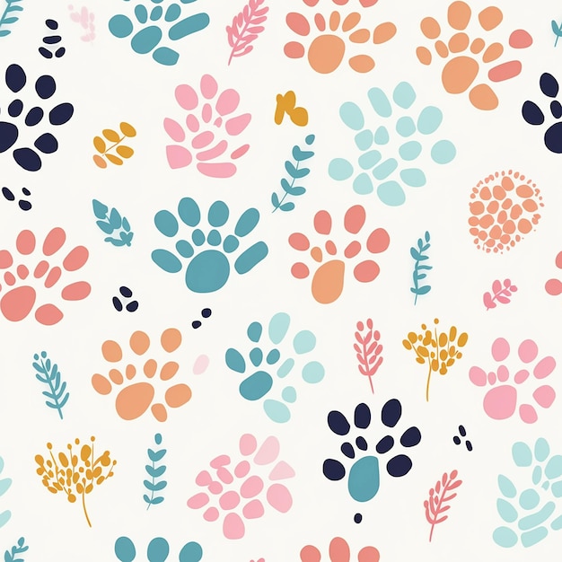 Um padrão com pegadas repetidas de diferentes animais formando um design divertido e caprichoso