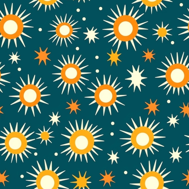 Um padrão com sol e estrelas sobre um fundo verde.