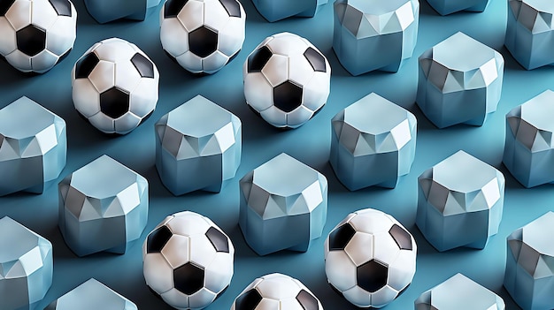 Foto um padrão contínuo de bolas de futebol e formas geométricas em azul e branco as bolas de futebol são pretas e brancas