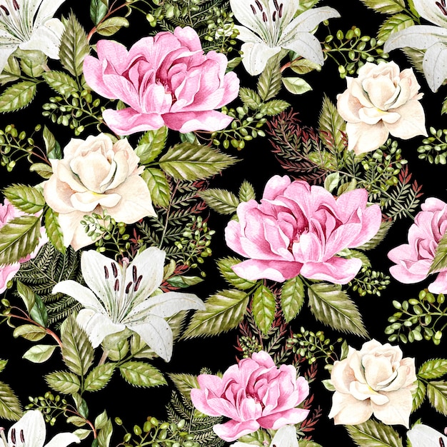 Um padrão de aquarela brilhante com flores de um lírio rosa e uma peônia Com folhas e samambaia