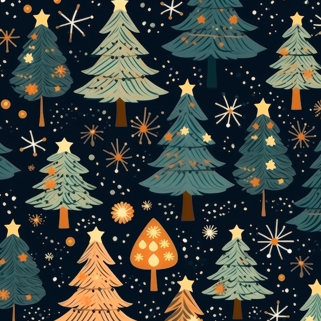 um padrão de árvore de Natal com estrelas e flocos de neve em um fundo preto com um céu azul e estrelas