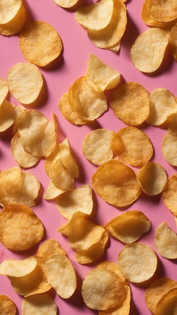 Um padrão de batatas fritas em uma vista superior de fundo rosa