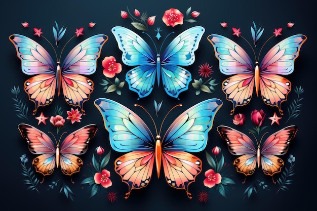 Um padrão de borboletas coloridas com fundo escuro