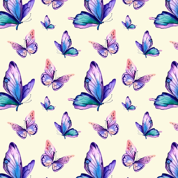 Um padrão de borboletas morfo Ilustração em aquarela em um fundo isolado Asas multicoloridas roxo rosa laranja Animais vida selvagem