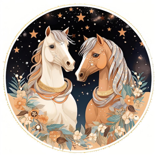 um padrão de cavalos e estrelas com anéis de ouro no estilo de ilustrações infantis
