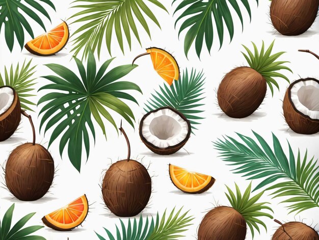 Um padrão de cocos e laranjas em um fundo branco