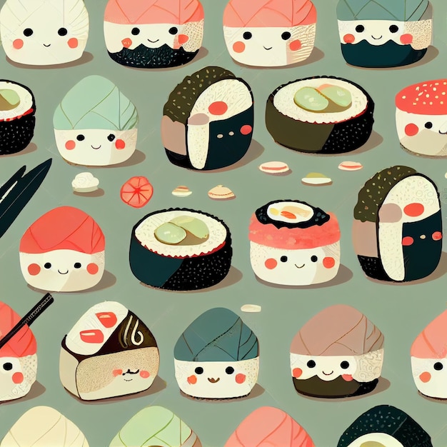 Um padrão de comida japonesa, incluindo sushi e sushi.