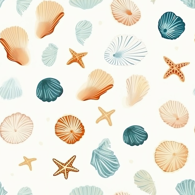 Um padrão de conchas e estrelas do mar em um fundo branco.