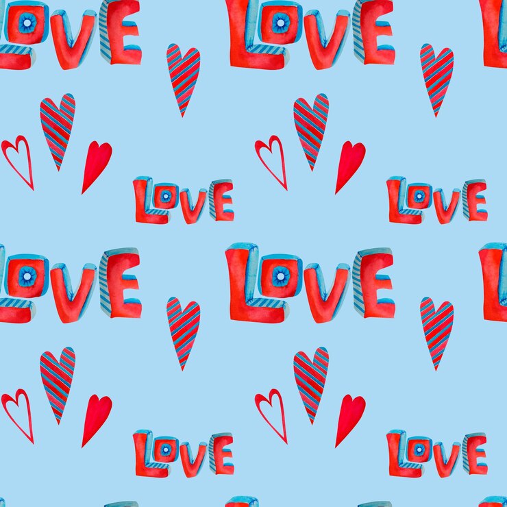 Foto um padrão de corações e as palavras amor ilustração em aquarela em um fundo azul amor coração dia dos namorados