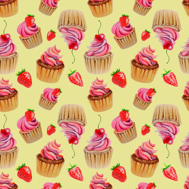 Foto um padrão de cupcakes e morangos ilustração em aquarela doces ilustração infantil