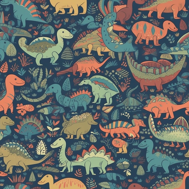 Um padrão de dinossauro colorido que é impresso em um fundo escuro.