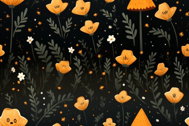 um padrão de flores laranja e estrelas em um fundo preto