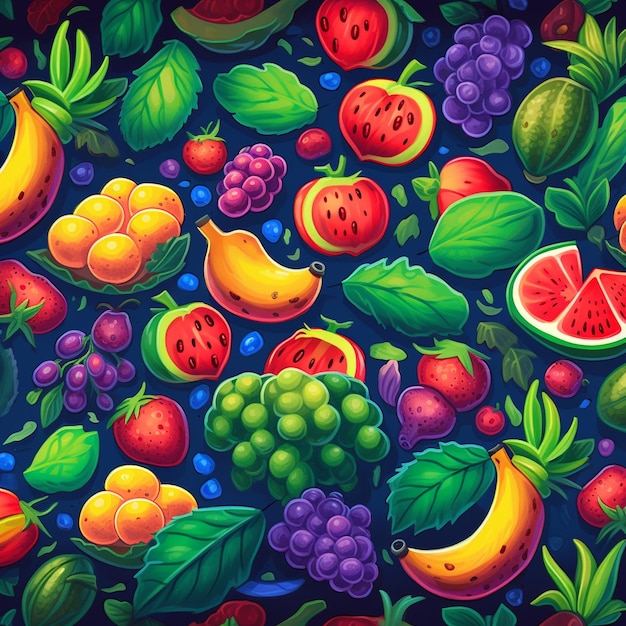 Um padrão de frutas coloridas com frutas e folhas em um fundo escuro.