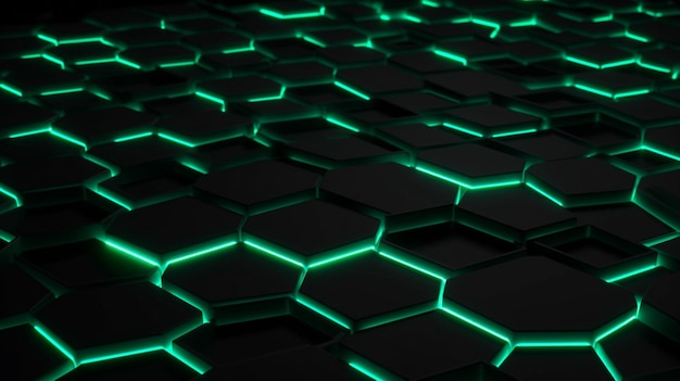 Um padrão de hexágono preto e verde com luz verde generative ai