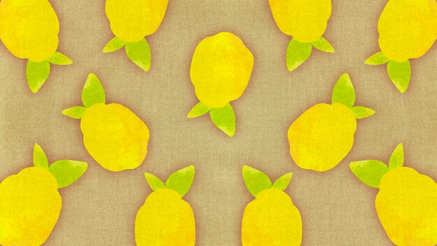 Um padrão de limão amarelo com folhas verdes em um fundo bege com tecido texturizado