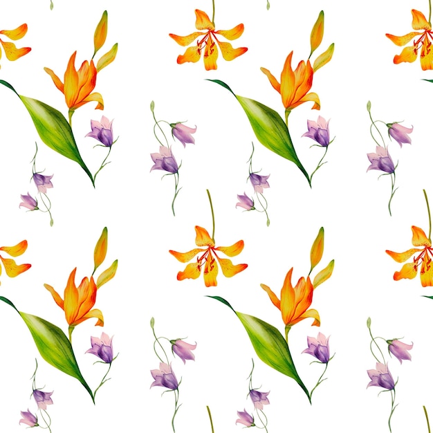 Um padrão de lírios e campainhas Ilustração em aquarela Ilustração botânica têxtil