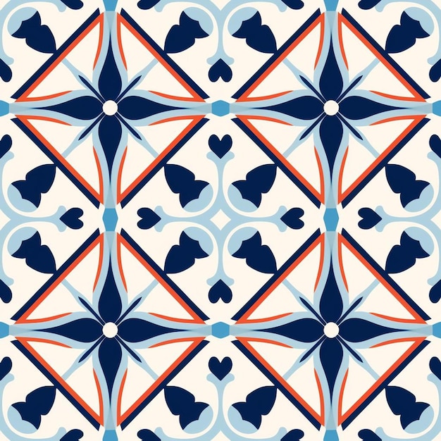 Um padrão de mosaico colorido com borboletas em vermelho, azul e laranja.