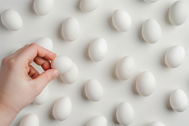 Um padrão de ovos brancos de Páscoa sobre um fundo branco uma mão está tirando um