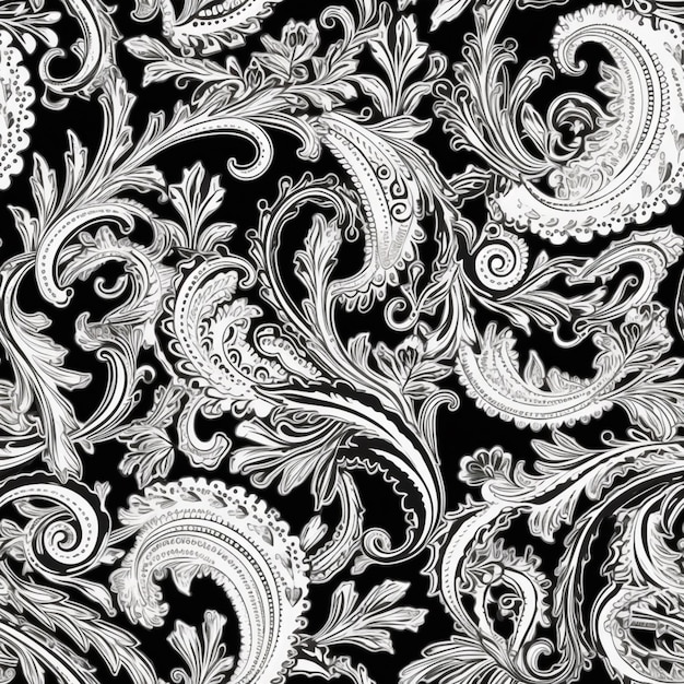 um padrão de paisley preto e branco com um fundo preto generativo ai