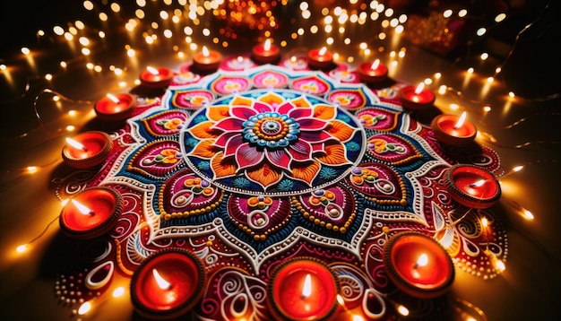 Um padrão de rangoli vívido iluminado pelo brilho suave de diyas e luzes de fadas cintilantes